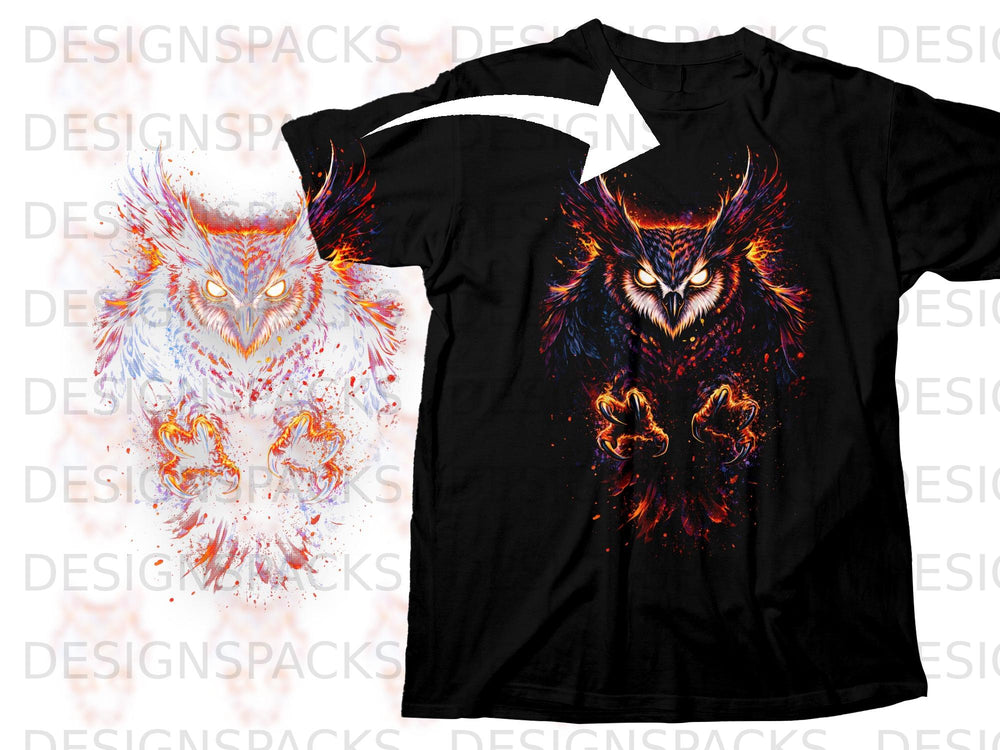 Black t-shirt with a fiery, abstract owl graphic design featuring glowing eyes.