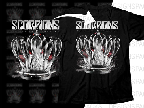 Scorpions Return To Forever t-shirt design with metallic crown graphic, ideal for DTF/DTG printing