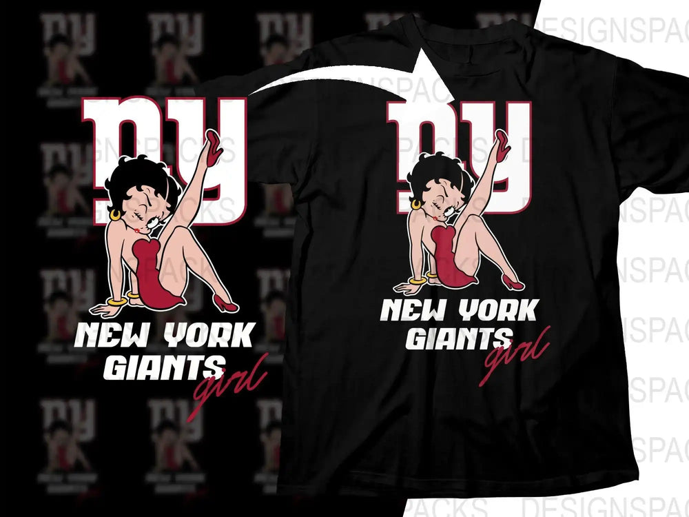 New York Giants girl design on black t-shirt with Betty Boop graphic