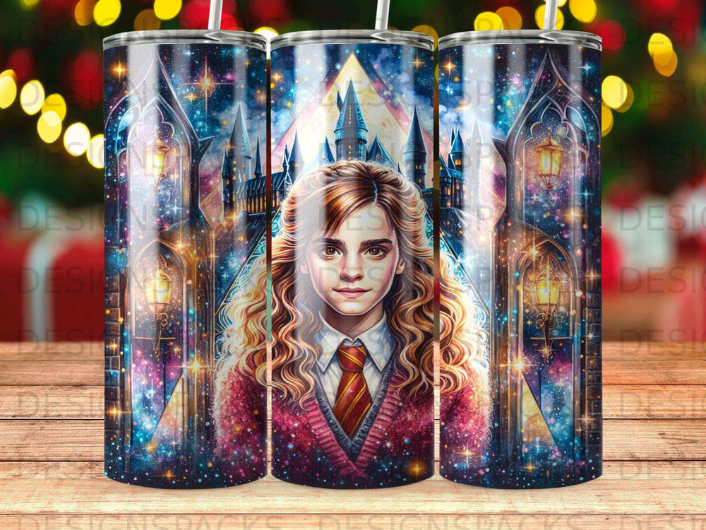 Harry Potter character Hermione Granger in front of Hogwarts castle.