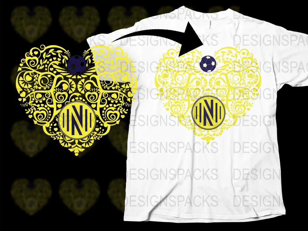 Yellow heart soccer design on white t-shirt, print-ready PNG for DTG/DTF