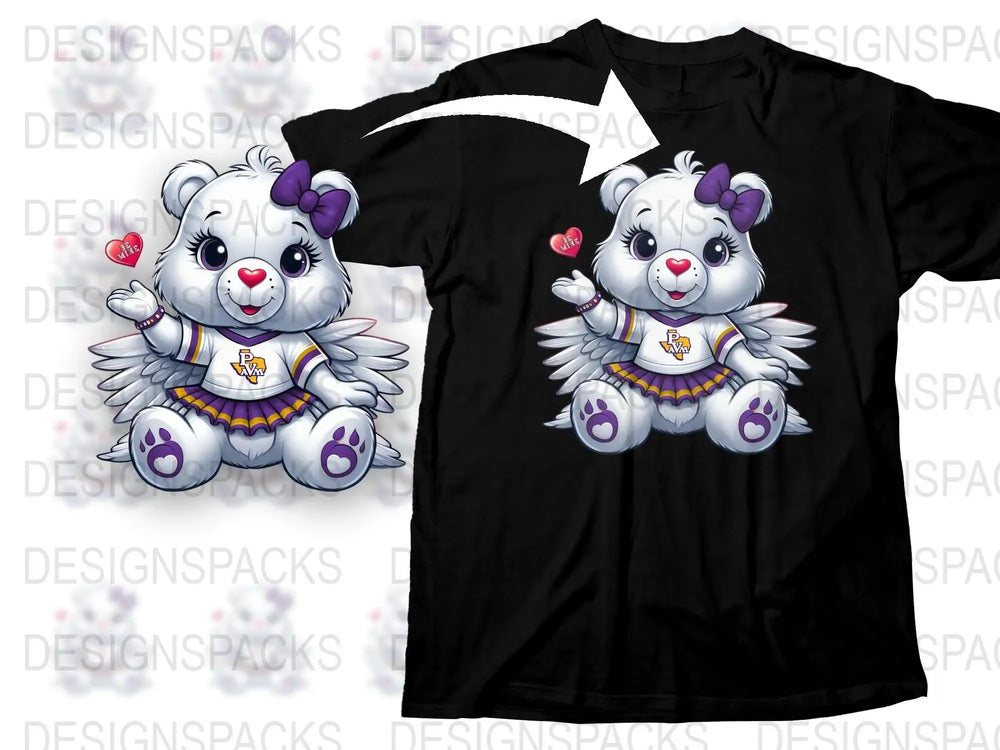 Cute white bear with purple bow, wings, and cheerleader outfit on black t-shirt, holding 'Be Mine' heart