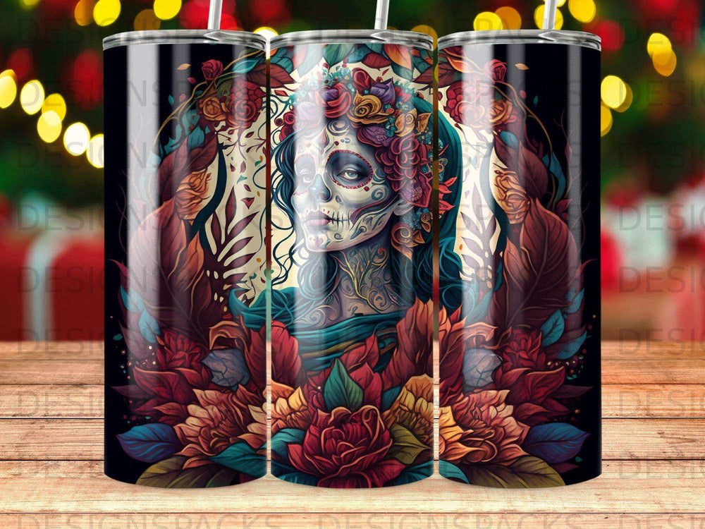 Sugar skull woman surrounded by vibrant fall flowers.