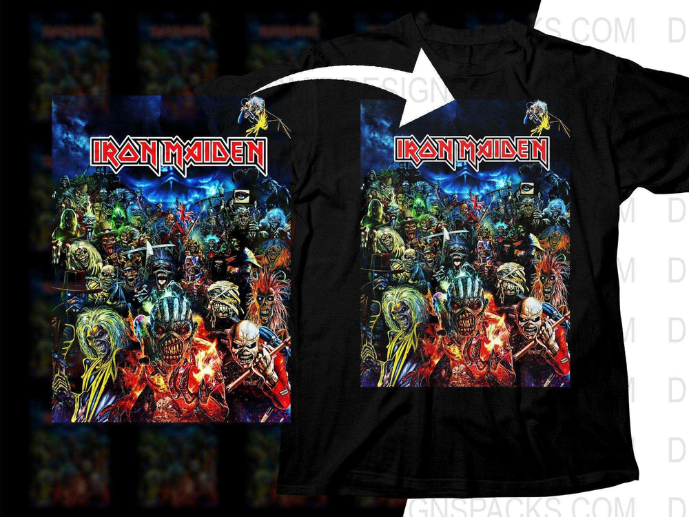 Iron Maiden band design on black t-shirt, vibrant rock artwork for print-ready DTG/DTF use