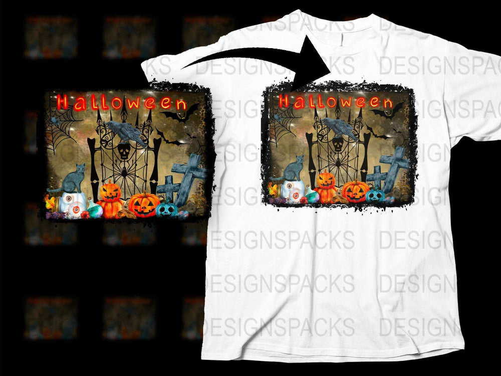 Halloween T-Shirt Spooky Graveyard Pumpkins Bats Ghosts Vintage Design Unisex Adults Kids Fall Wear