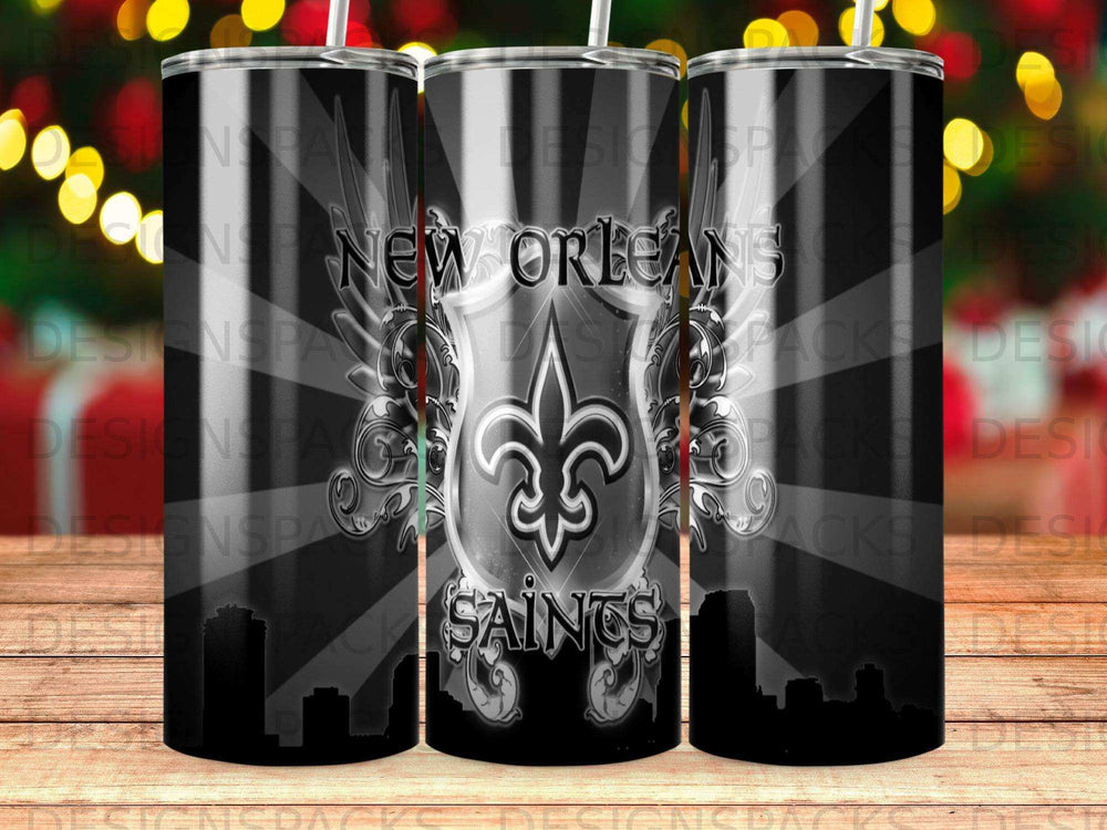 New Orleans Saints logo on a black tumbler with city skyline.