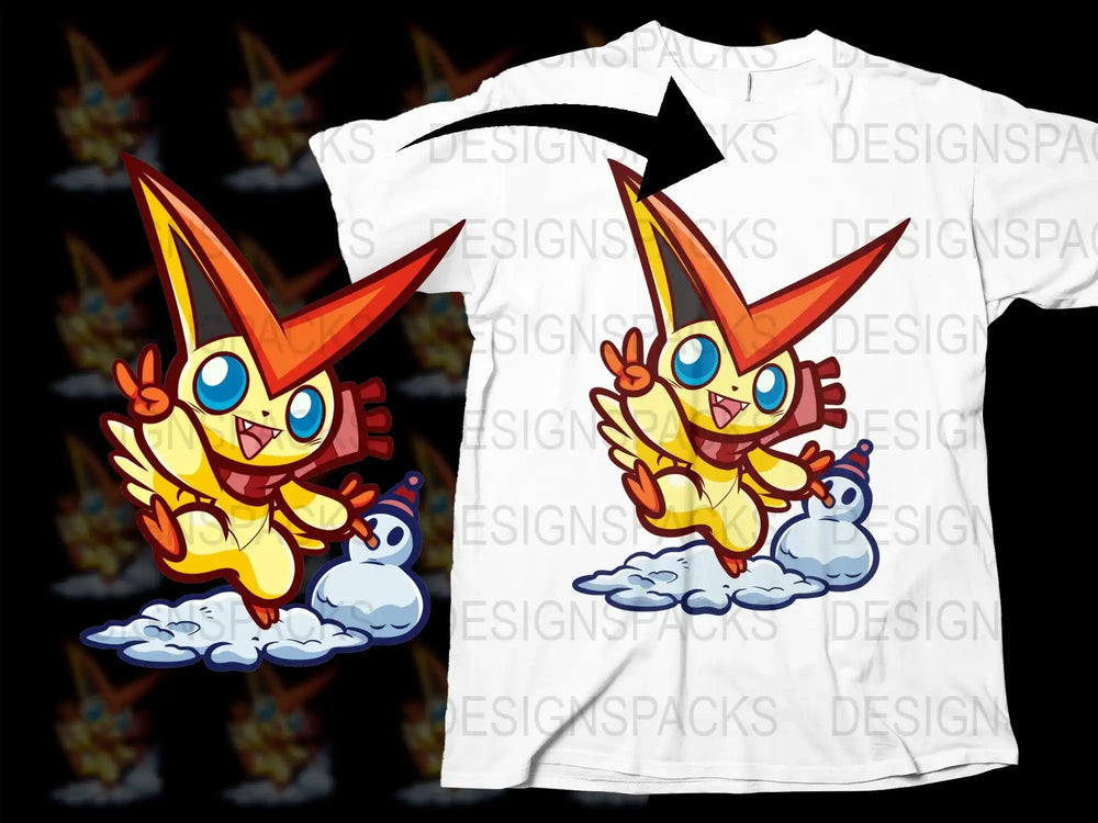 Cute Jolteon with snowman design for t-shirt, print-ready PNG SVG for DTG DTF