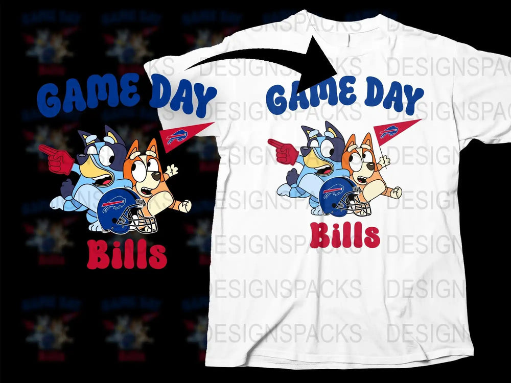 Bluey and Bingo Buffalo Bills game day t-shirt design with helmet and pennant, print-ready SVG/PNG