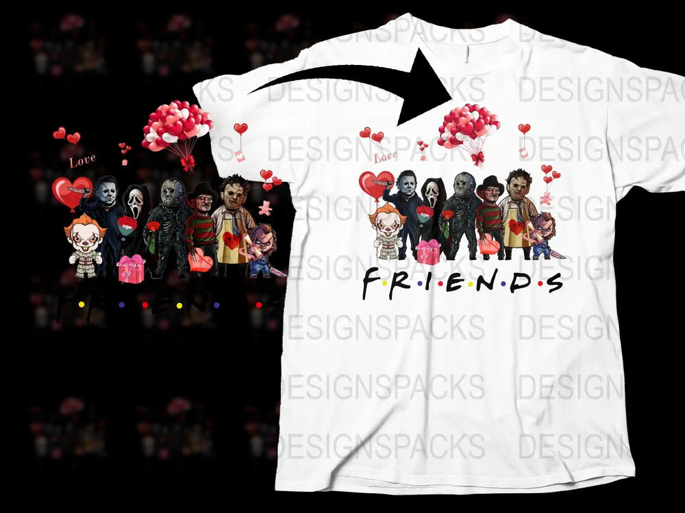 Horror movie characters with hearts and balloons, 'FRIENDS' text on white t-shirt design