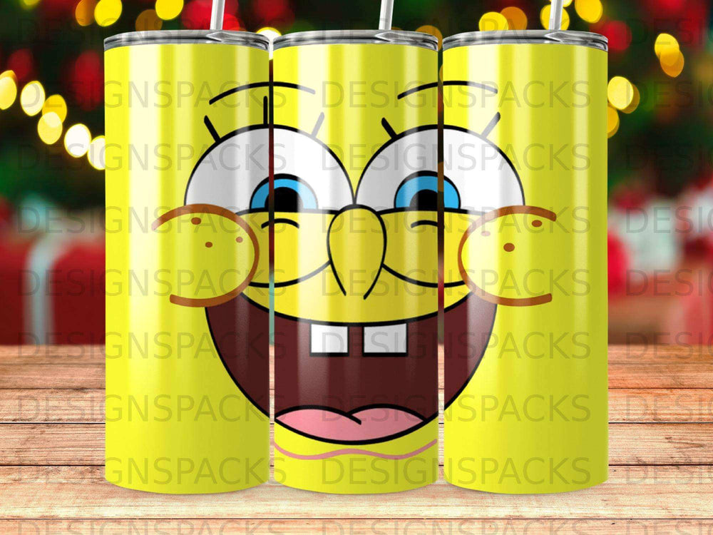 SpongeBob SquarePants character face on three yellow tumblers.