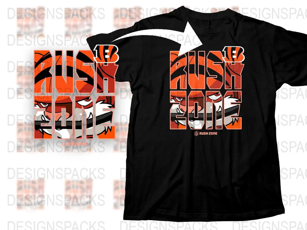 Bengals Rush Zone tiger graphic t-shirt design for DTF DTG printing, NFL licensed, print-ready PNG
