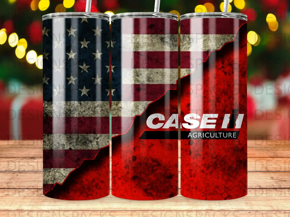 American flag and Case IH Agriculture logo on a textured red tumbler.