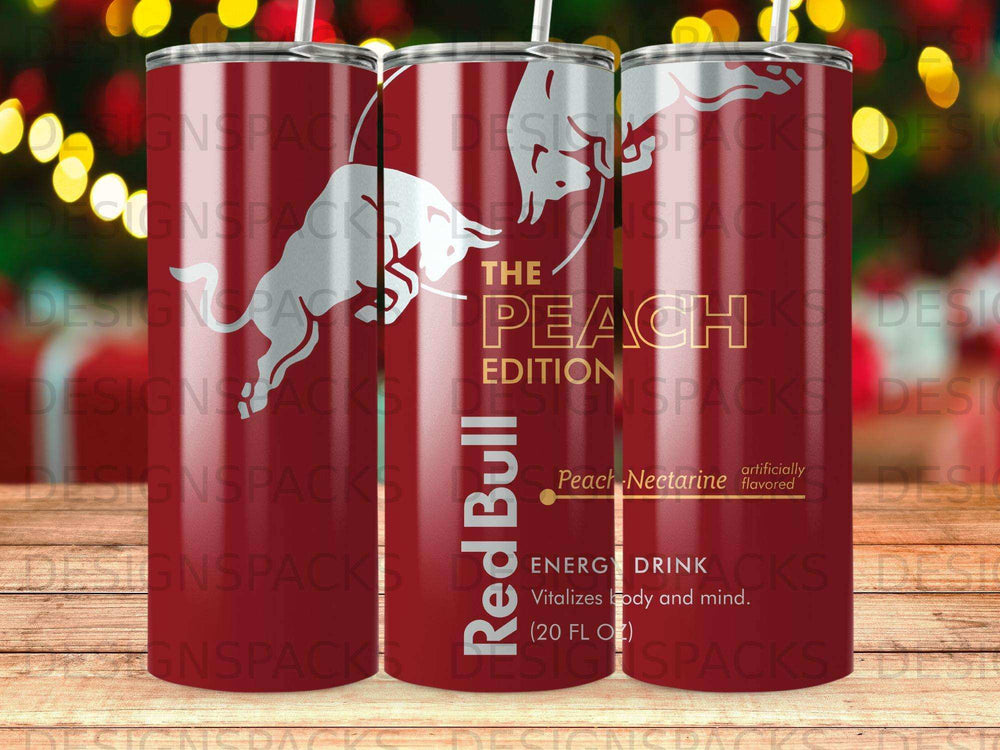 Red Bull Peach Nectarine Edition energy drink can with text.