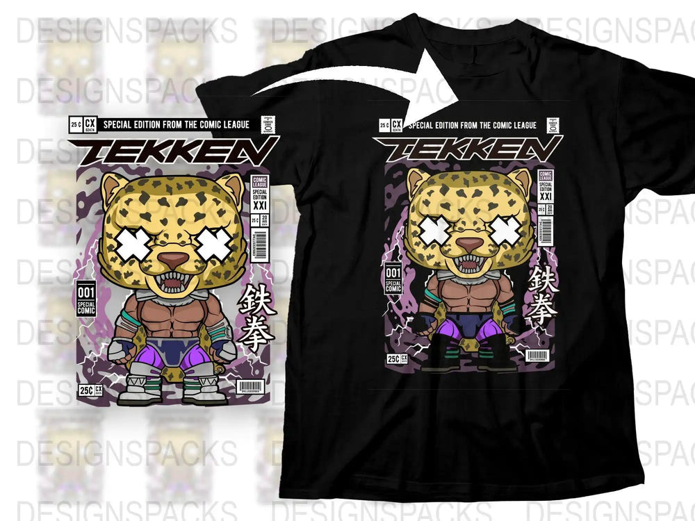 Tekken comic-style leopard fighter design on black t-shirt, print-ready for DTF DTG