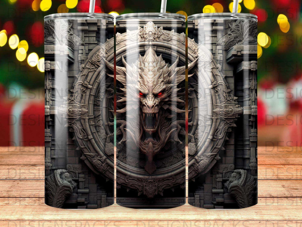 Detailed dragon head carved in stone with red eyes on a patterned tumbler.