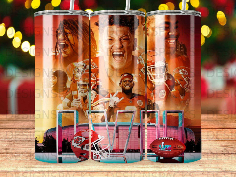 Kansas City Chiefs players and helmet with Super Bowl trophy.