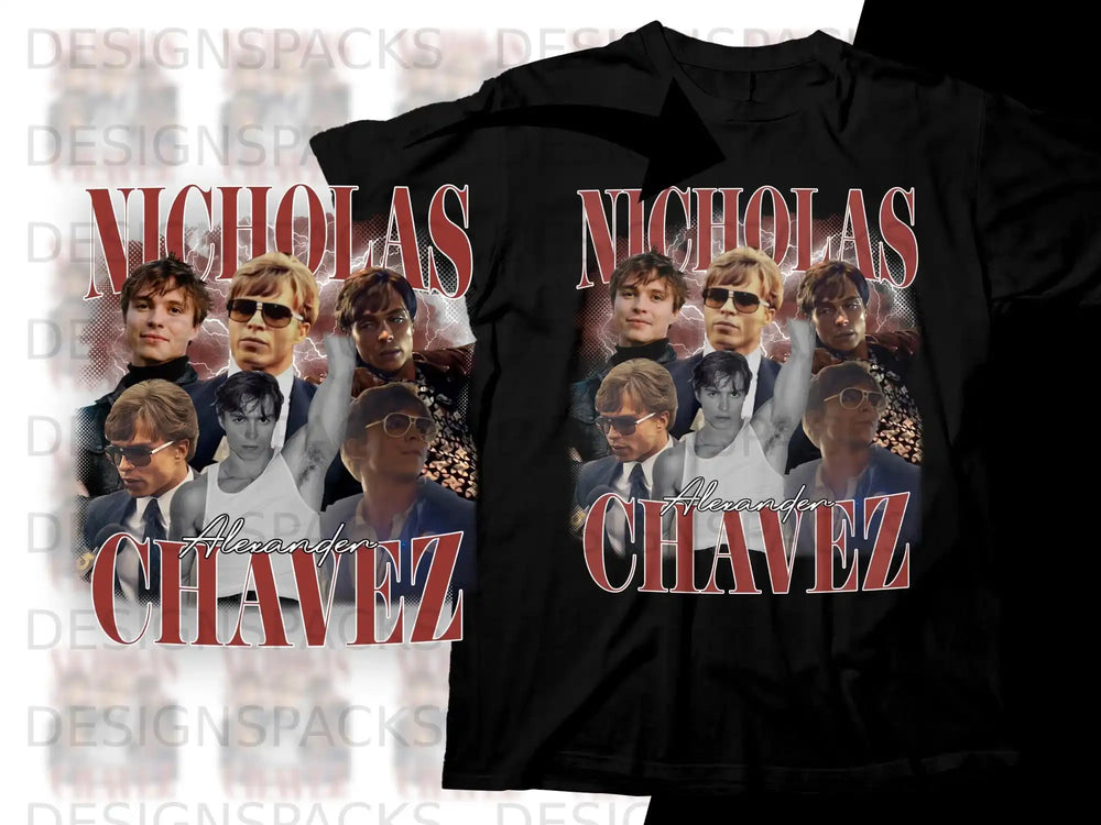T-shirt featuring Nicolas Cage's face and "Alexander Chavez" text.