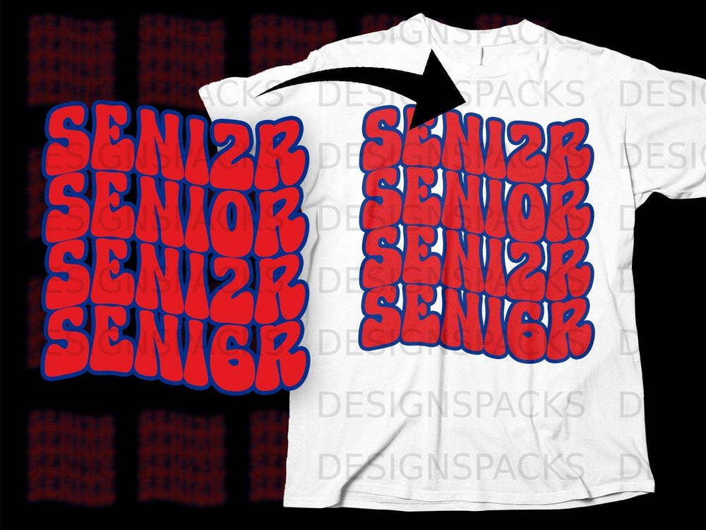 White t-shirt with "SENIOR" repeated multiple times in red retro text.