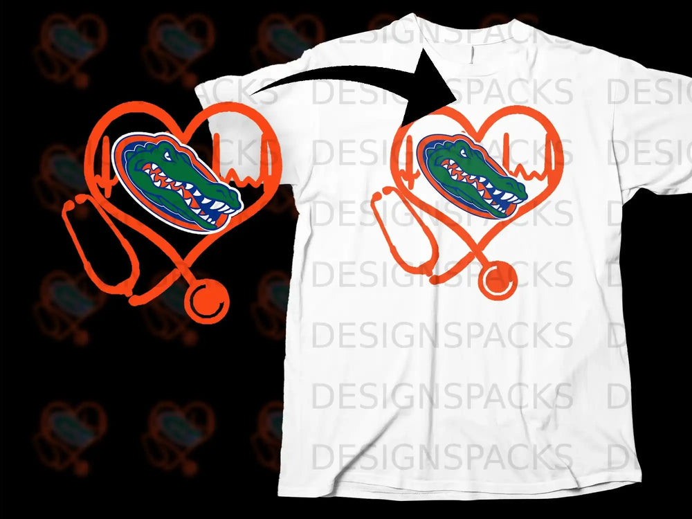 Gator Themed Stethoscope and Heart Design T-Shirt