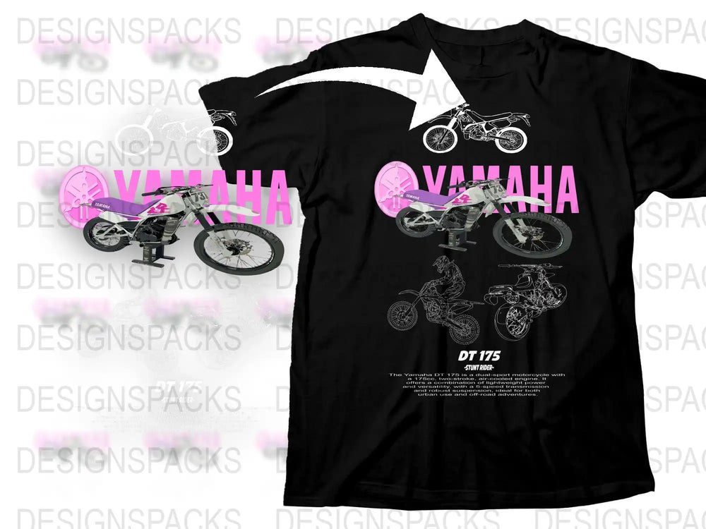 Yamaha DT 175 motorcycle t-shirt design with pink logo, stunt rider graphics, and technical specs for DTG/DTF printing