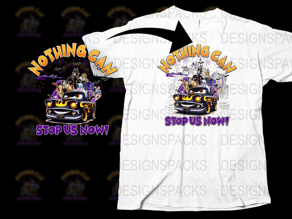Funky Cartoon Car and Characters Graphic T-Shirt, Unique Road Trip Tee, Colorful Party Top, Vibrant Streetwear Shirt