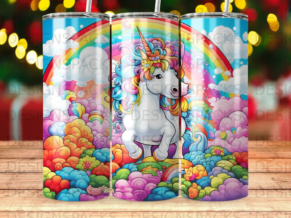 Rainbow unicorn with colorful mane and tail amidst clouds and flowers.