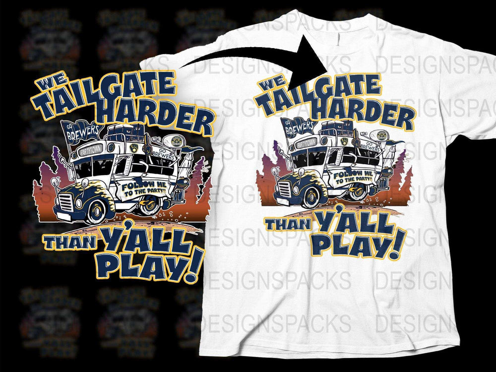 Tailgate harder than y'all play t-shirt design with party bus graphic