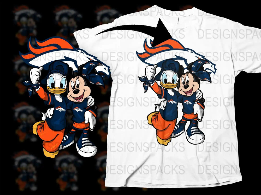 Mickey Mouse & Donald Duck in Denver Broncos gear, print-ready design for t-shirts, DTF/DTG, SVG, PNG
