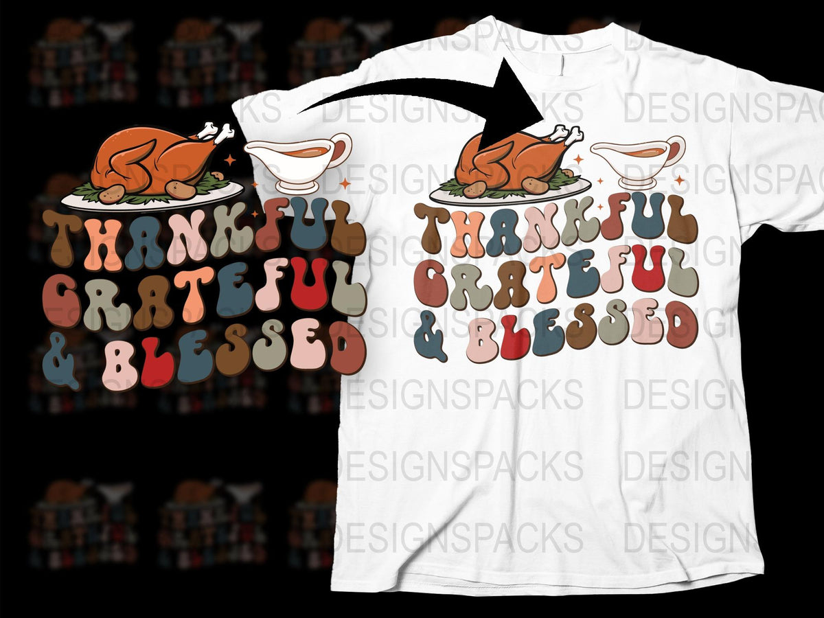 Thankful Grateful and Blessed T-Shirt, Thanksgiving Turkey Tee, Fall Autumn Fashion, Cozy Holiday Clothing, Casual Graphic Tee
