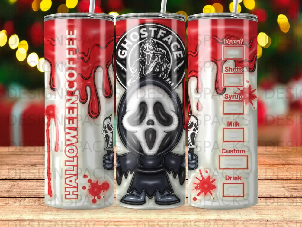 Halloween Coffee tumbler with ghost mascot and drink options.