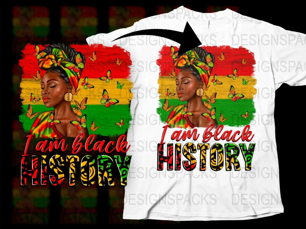I am Black History t-shirt design with African flag colors and butterflies
