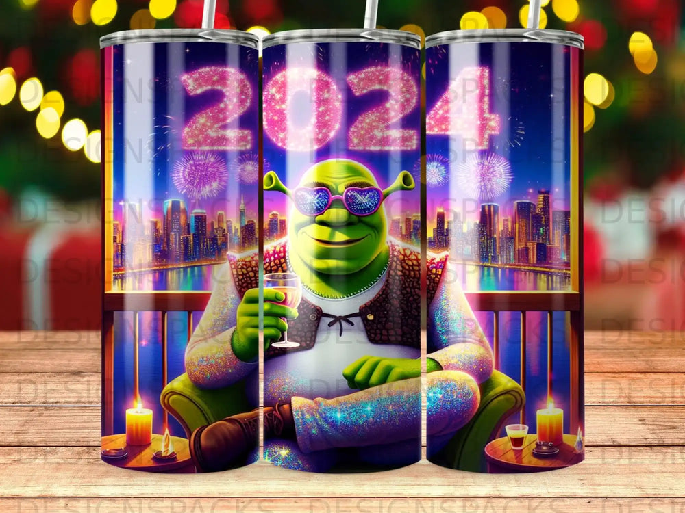 Shrek in sunglasses toasts with wine, "2024" banner and fireworks in background.