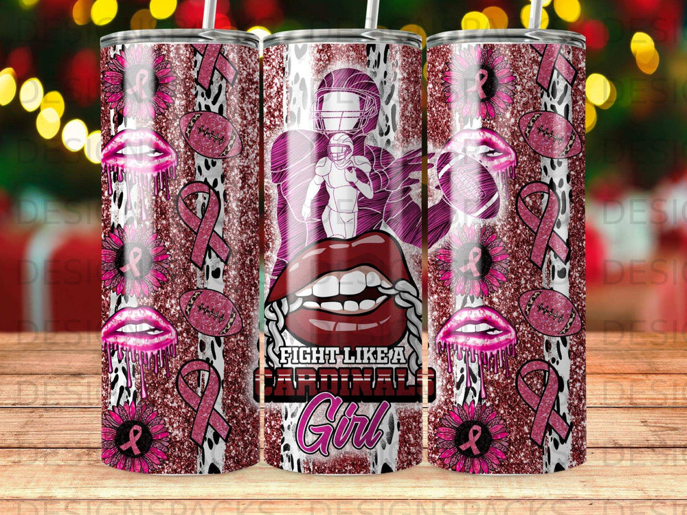 Tumbler with football, lips, and "Fight Like A Girl" text.