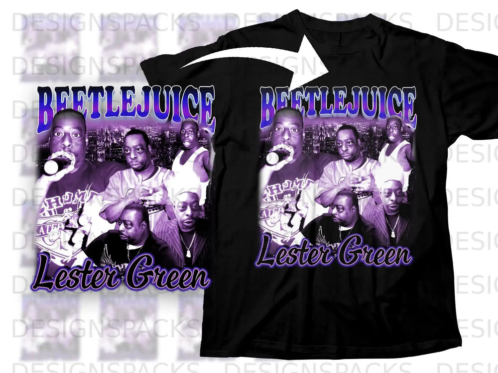 Beetlejuice movie poster graphic with Beetlejuice and Lester Green on a black t-shirt.