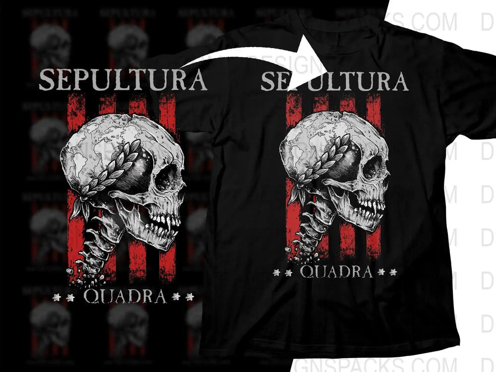 Sepultura Quadra skull design on black t-shirt with red stripes, print-ready graphic