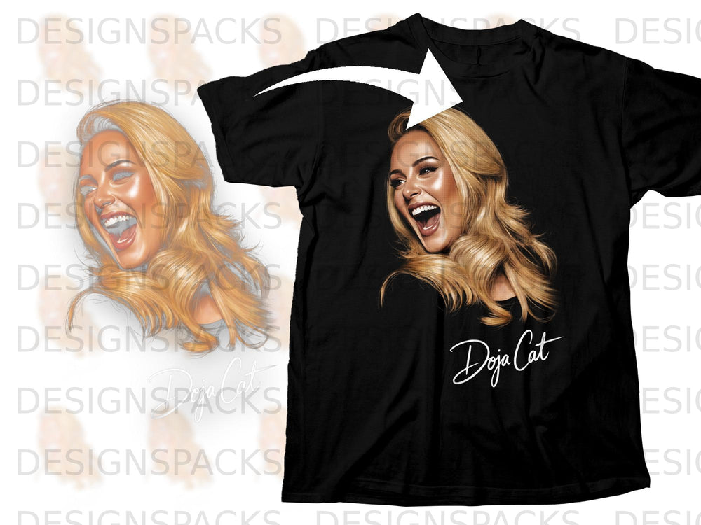 Black t-shirt with a portrait of Doja Cat and her signature.