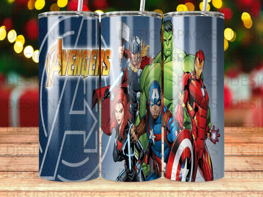 Avengers logo with Thor, Captain America, Hulk, and Black Widow characters.