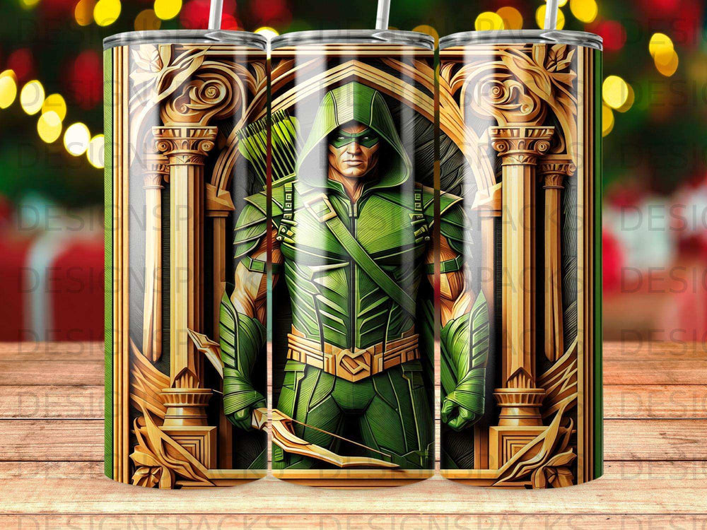 Green Arrow character in a golden, architectural frame on a tumbler.