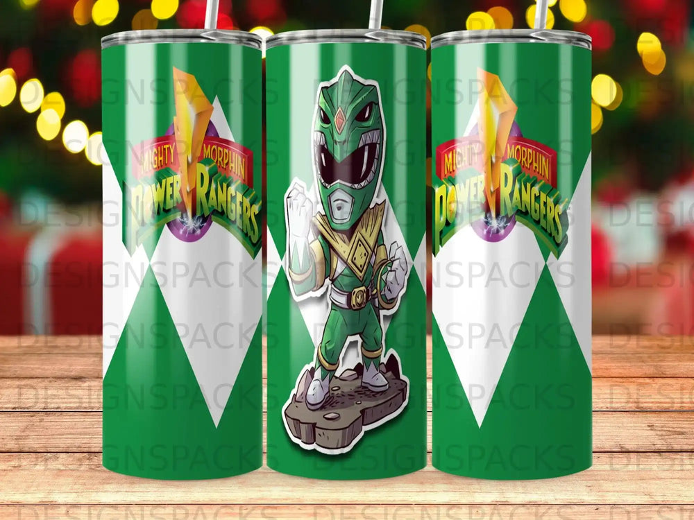 Mighty Morphin Green Ranger on a green and white tumbler.