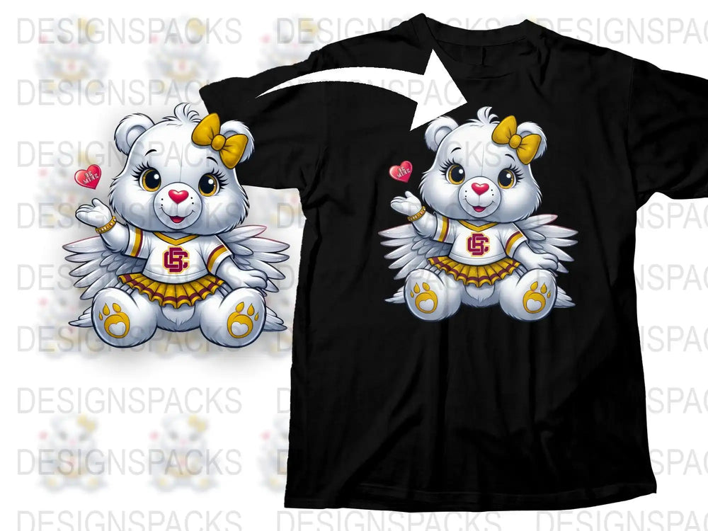 Cute angel bear cheerleader design on black t-shirt, perfect for DTF/DTG printing