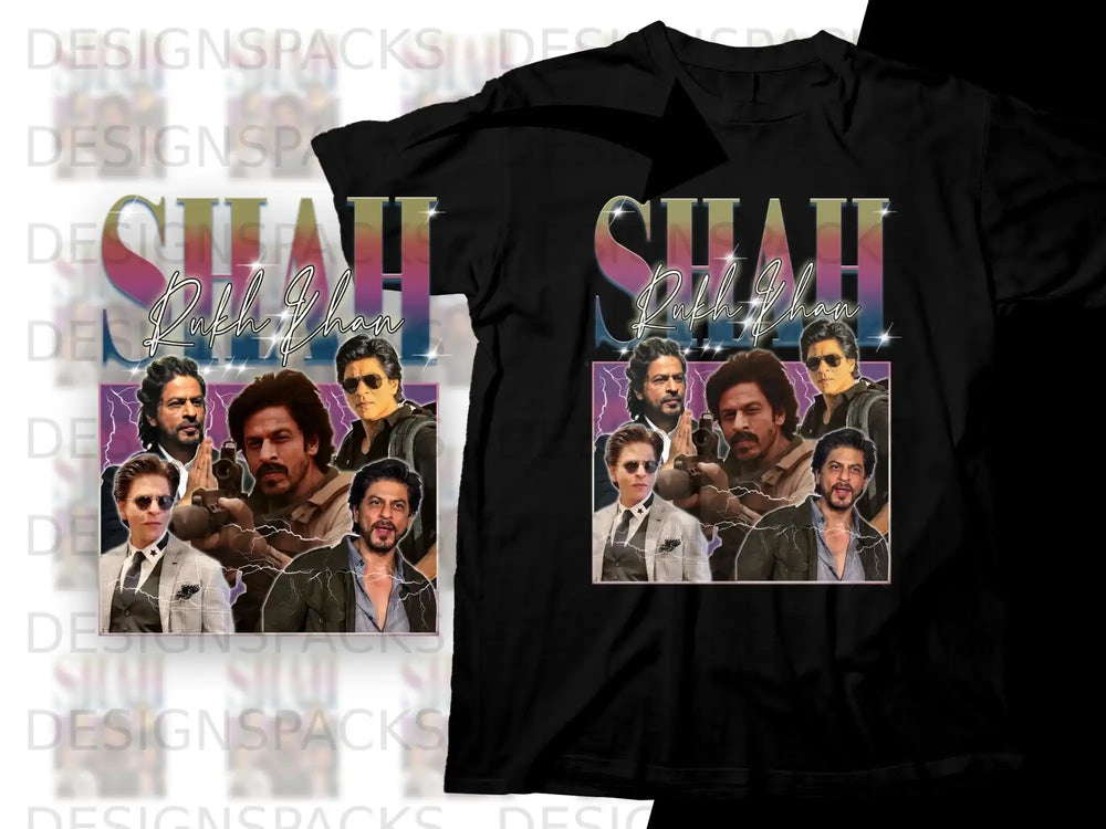 T-shirt with Shah Rukh Khan collage and text overlay.