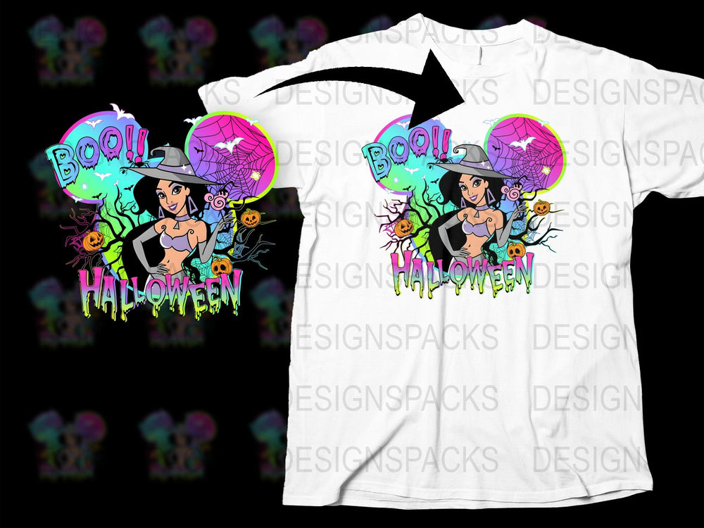 Halloween T-Shirt Women Cartoon Witch Design Spooky Boo Graphic Colorful Casual Fashion Tee