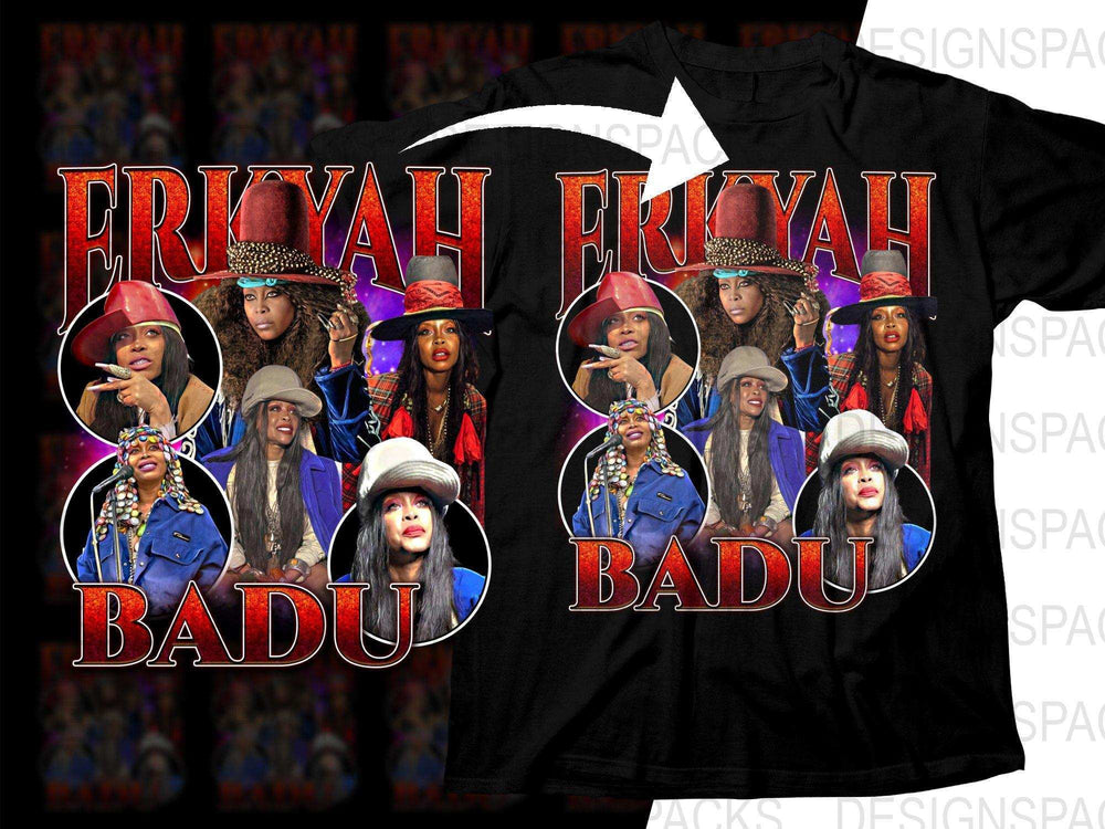 Erykah Badu themed t-shirt with collage of her iconic hat styles and bold red text design
