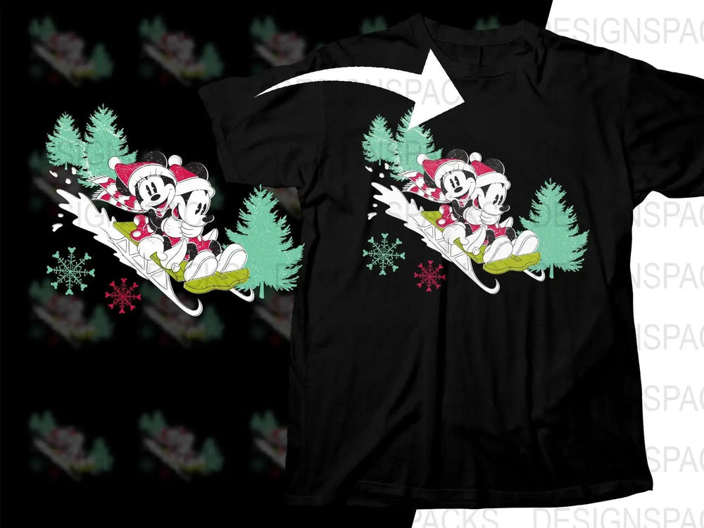 Mickey and Minnie sledding in Christmas hats on black t-shirt, festive snowflakes, holiday design print
