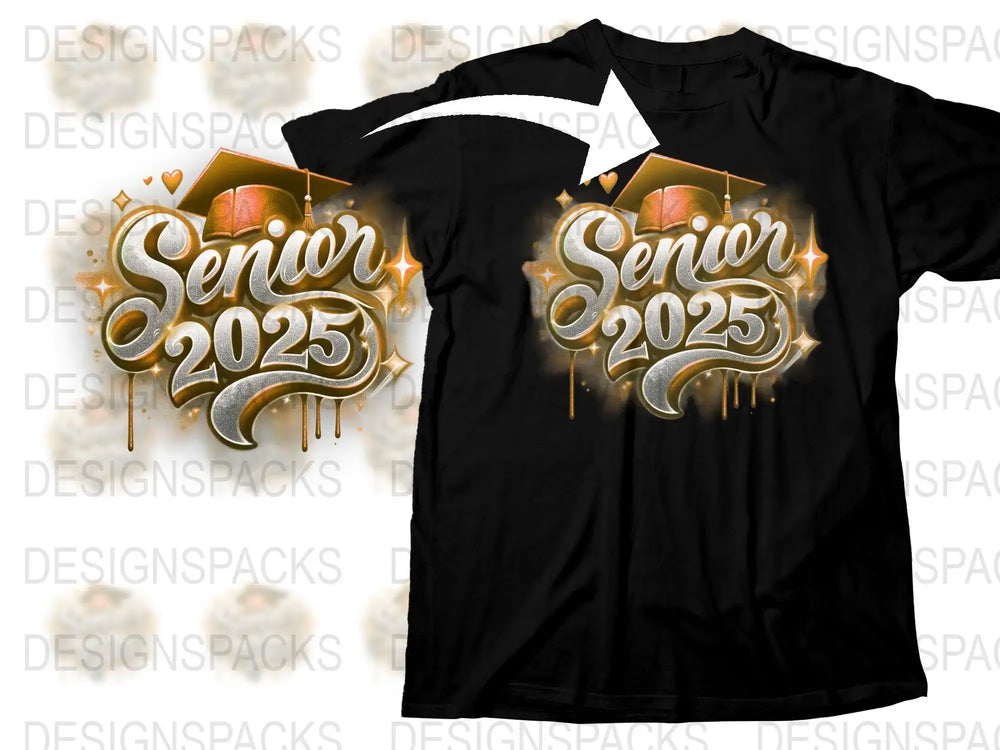 Senior 2025 graduation design on black t-shirt with gold accents and sparkles