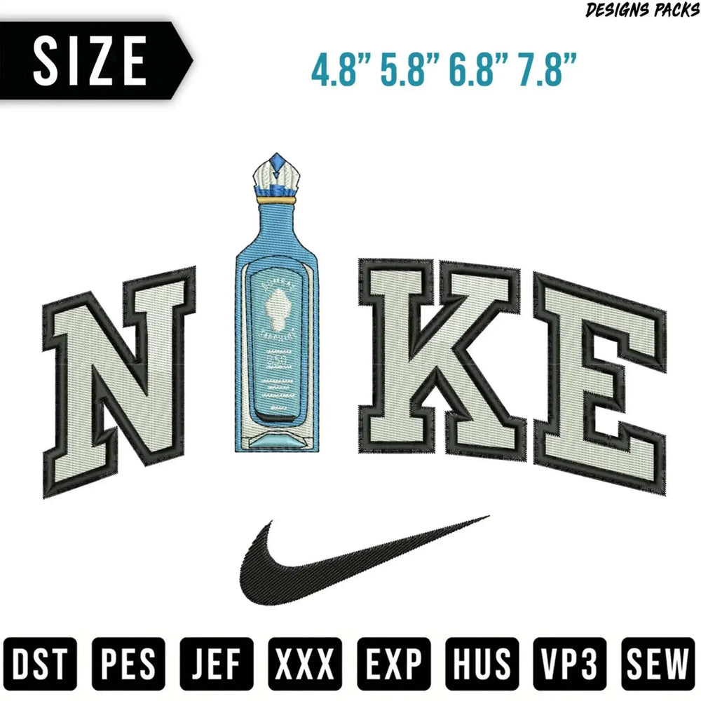 Nike logo design with bottle and size options.