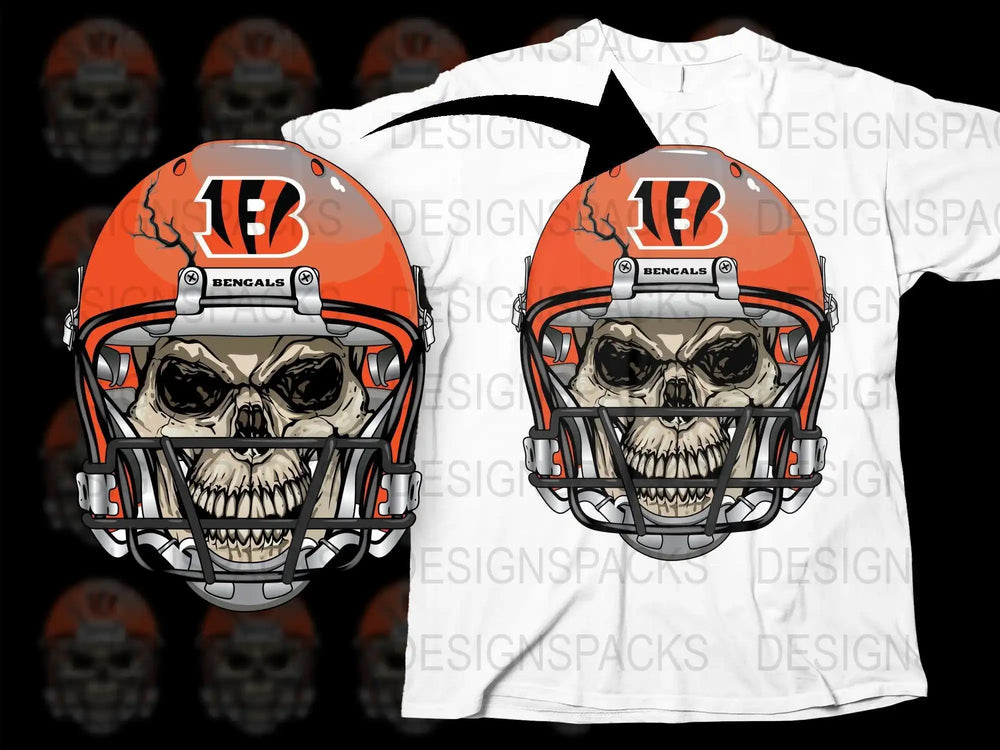 Skull in Bengals helmet design on white t-shirt, print-ready graphic for DTG or DTF