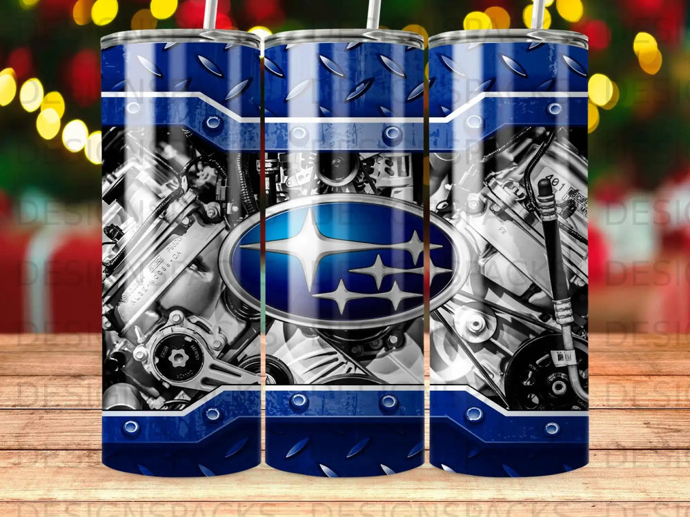 Subaru logo on a blue, diamond-plate patterned tumbler with engine parts.