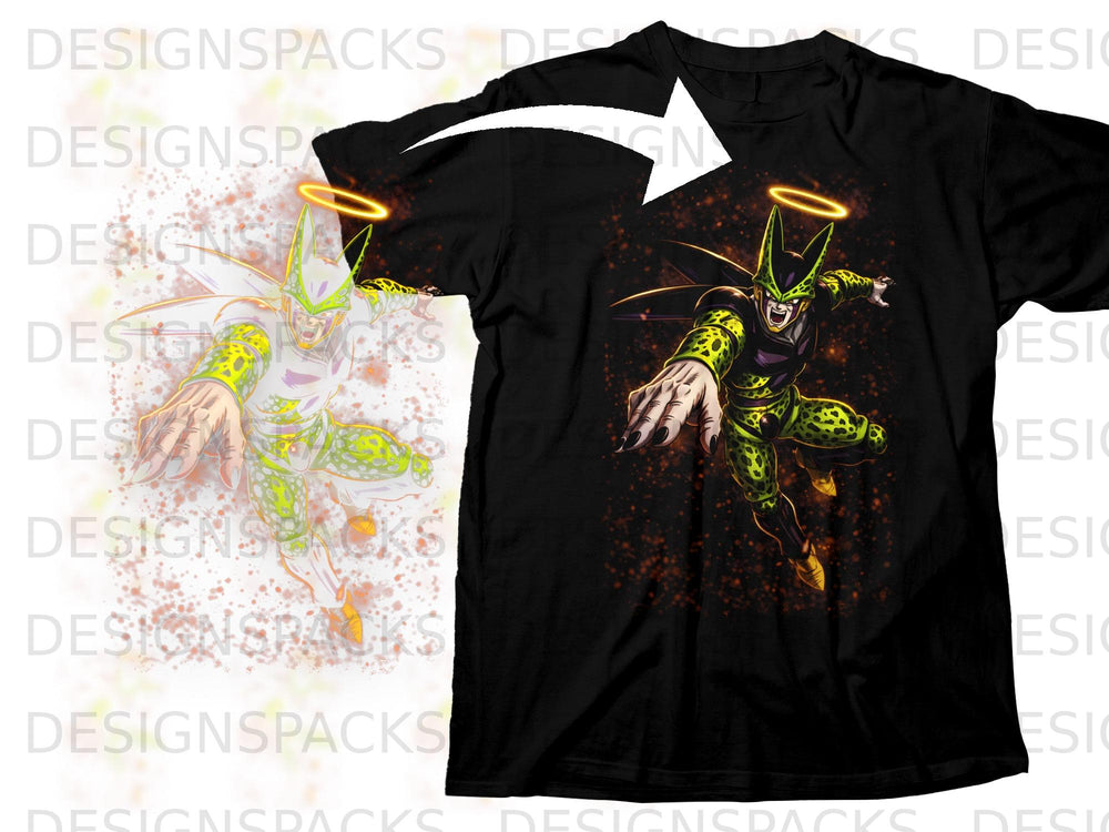 Black t-shirt with a cartoon character print of Cell from Dragon Ball Z.