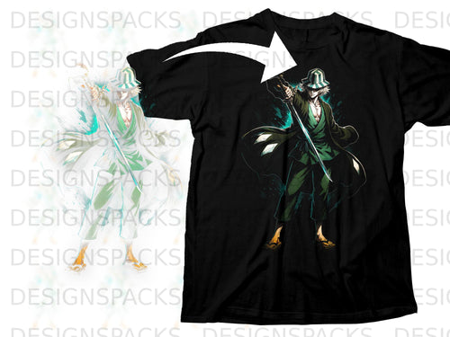 Black t-shirt featuring an anime character in a green robe holding a sword.